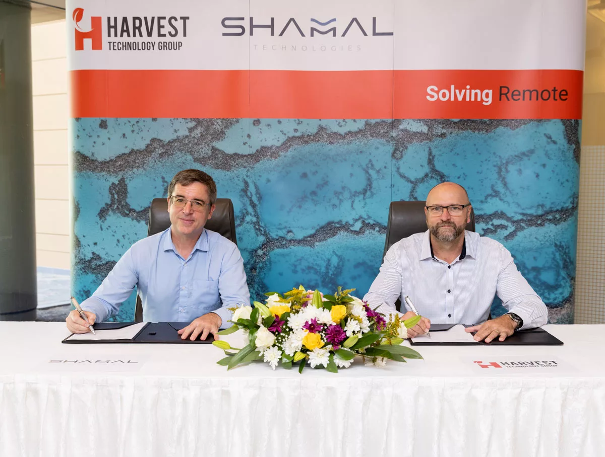 Harvest Jimmy Dean Head of Solution Architecture with Frank Mallon Shamal Head of Marine and Archaeology at partner signing ceremony